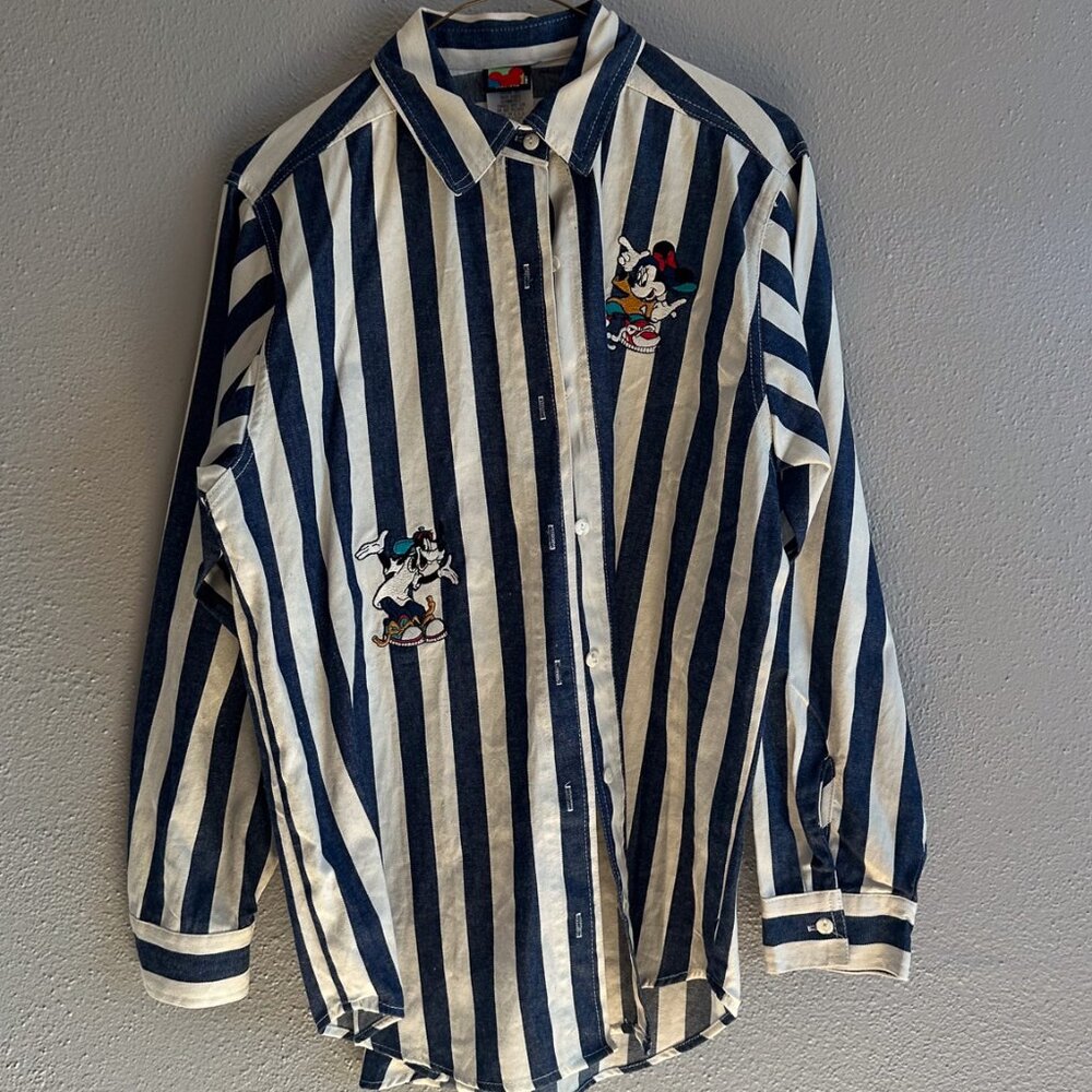 Vintage 90s Disney Store Blue Stripe Embroidered Mickey Button Up Shirt